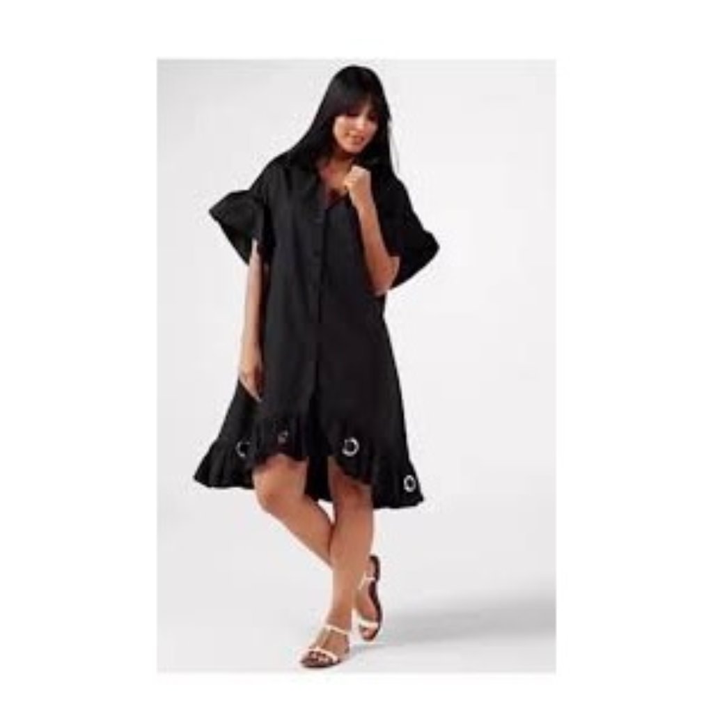 Oversized Black Ruffle Hem Dress Silver Grommet Button-Down Flutter Sleeves S